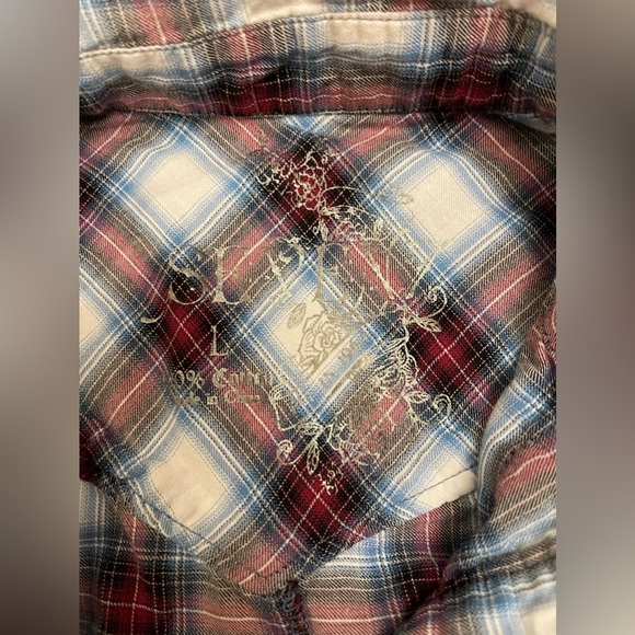 Seven7 women’s shirt ruffle front pearl snap shirt in red and blue, size L - Picture 3 of 6